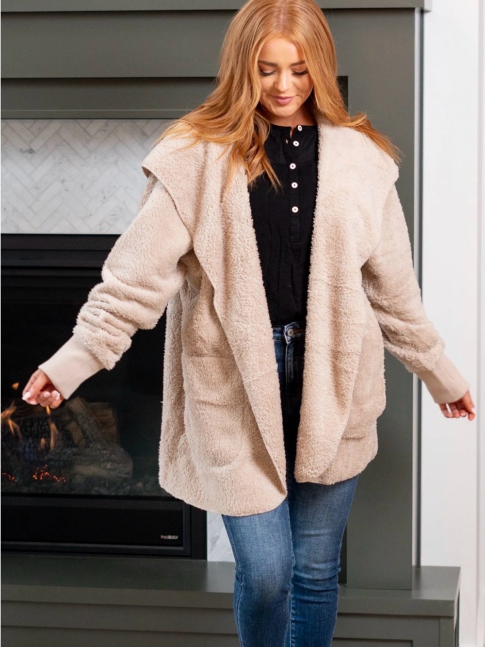 Cozy Open-Front Sherpa Jacket - Taupe